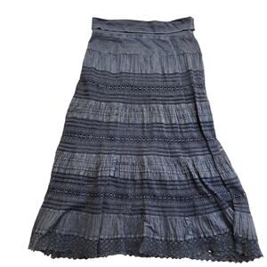 Blue Chambray Tiered Boho Maxi Skirt Lace Trim Sz XL Boho Garden Girl